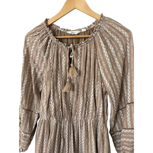 Destination 365 Long Sleeve Split Neck Dress 100% Cotton Tan White Small Petite - Picture 5 of 7